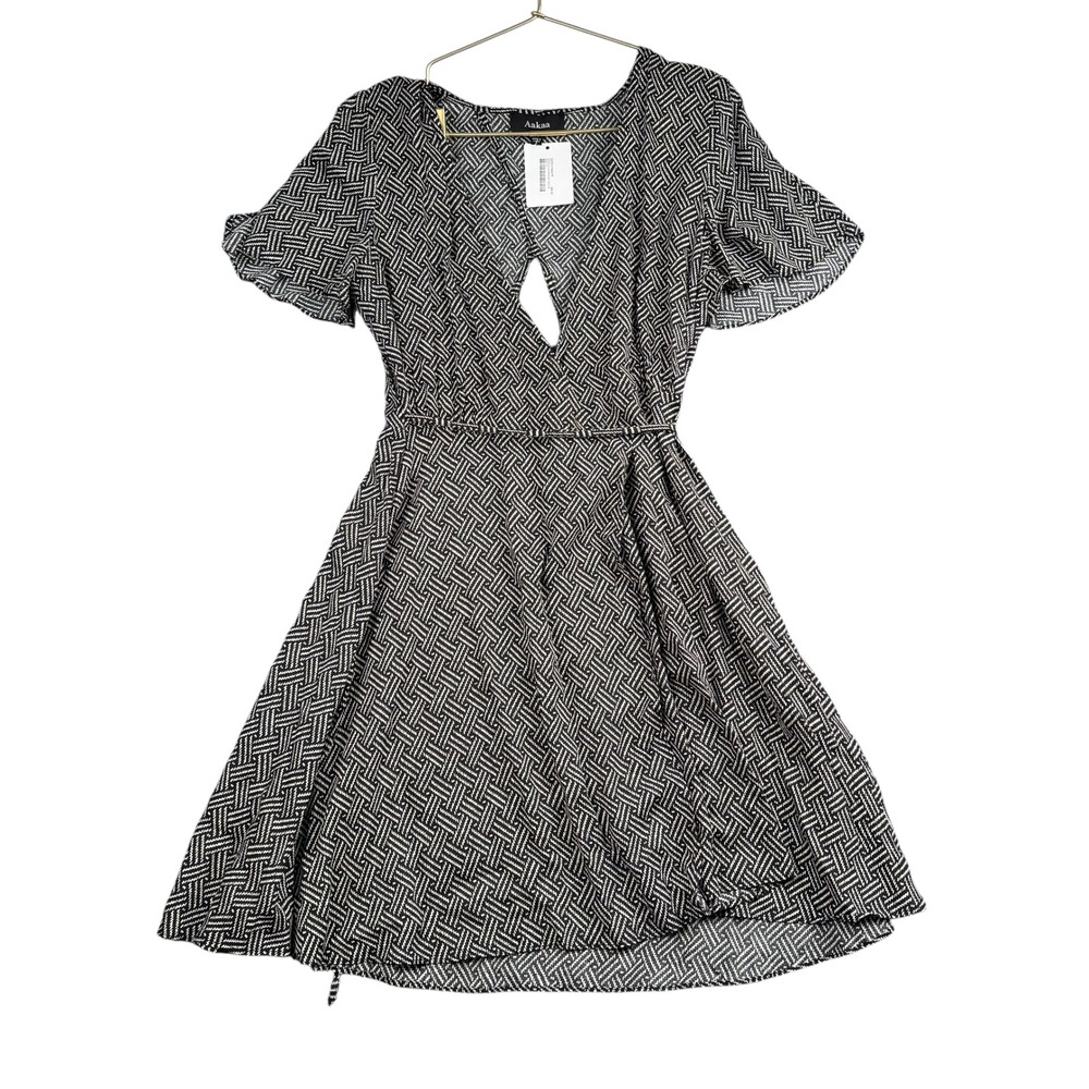 Aakaa Tie Me Around Minidress Black Off White Geometric Open Back  M 283‎